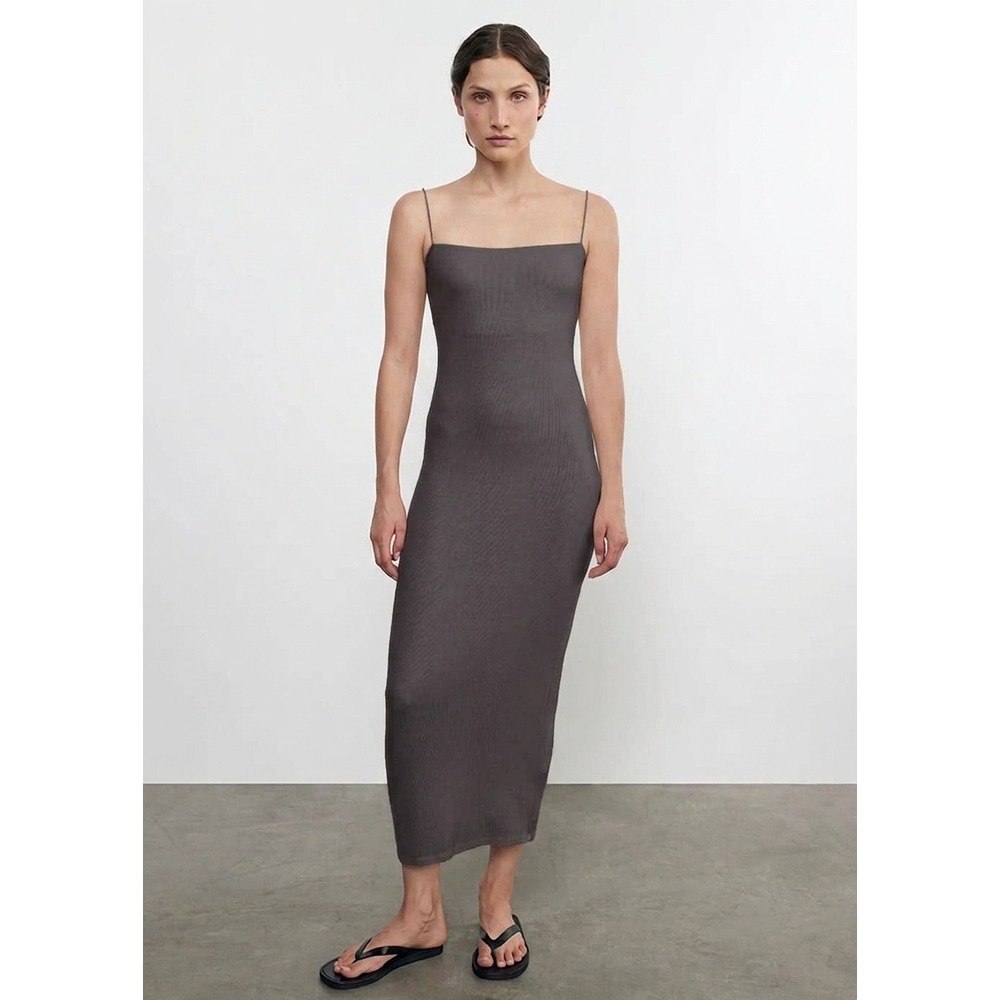 ENZA COSTA Silk Rib Essential Midi Dress Women Medium Gray Slip Tank Strappy NEW